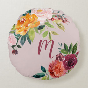 Orange and Burgundy Flowers on Pink Monogram Round Pillow