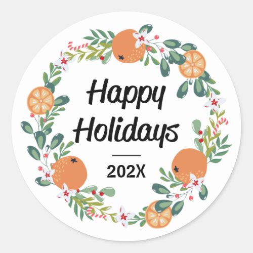 Orange and Candy Cane Happy Holidays Wreath Classic Round Sticker
