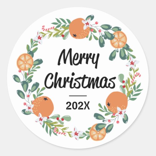 Orange and Candy Cane Merry Christmas Wreath Classic Round Sticker