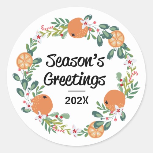 Orange and Candy Cane Seasons Greetings Wreath Classic Round Sticker