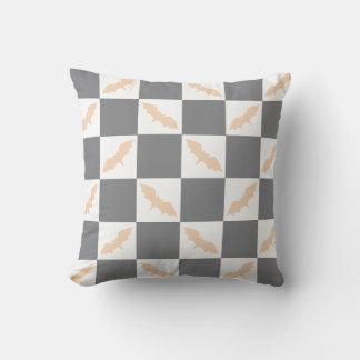 Orange and Charcoal Bat Checkerboard Throw Pillow