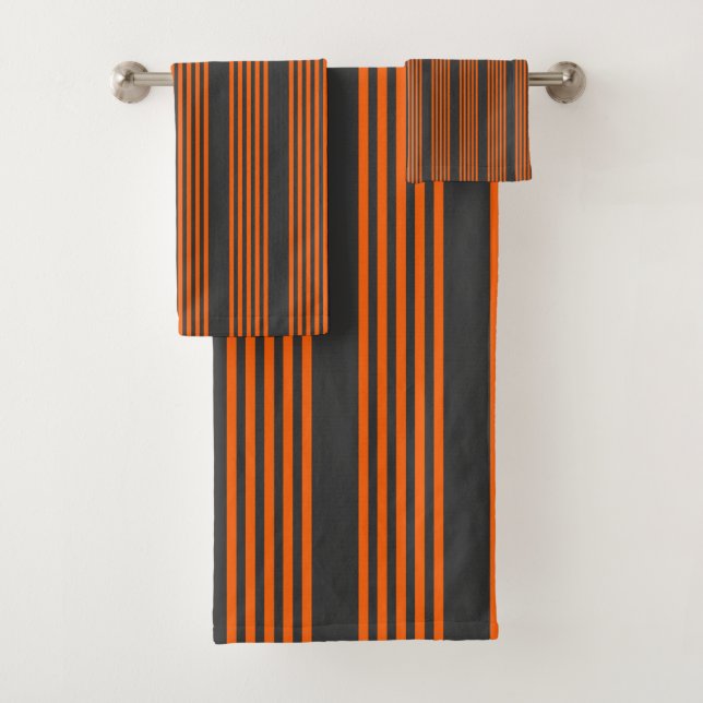 Orange and charcoal five stripes pattern bath towel set (Insitu)