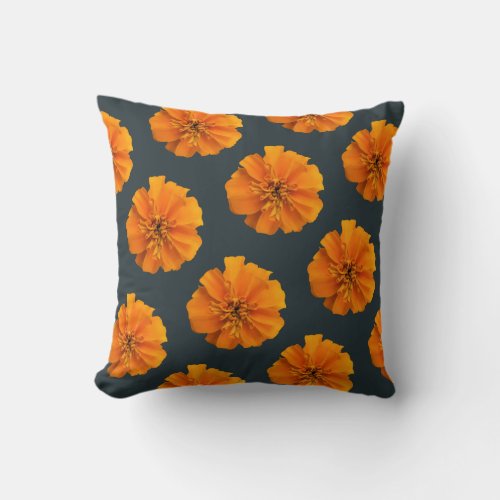 Orange and Charcoal Gray Marigold Pattern Throw Pillow