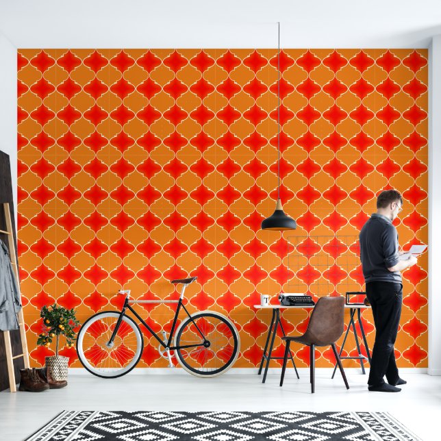 Orange and chilli red moroccan pattern  wallpaper  (Living Room)