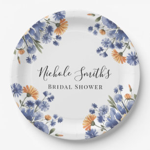 Orange and Cobalt Blue Floral Bridal Shower Paper Plates