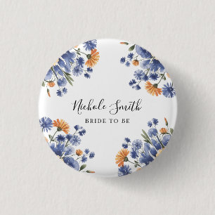 Orange and Cobalt Blue Floral Bride To Be Button