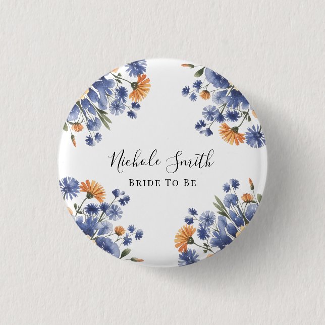 Orange and Cobalt Blue Floral Bride To Be Button (Front)