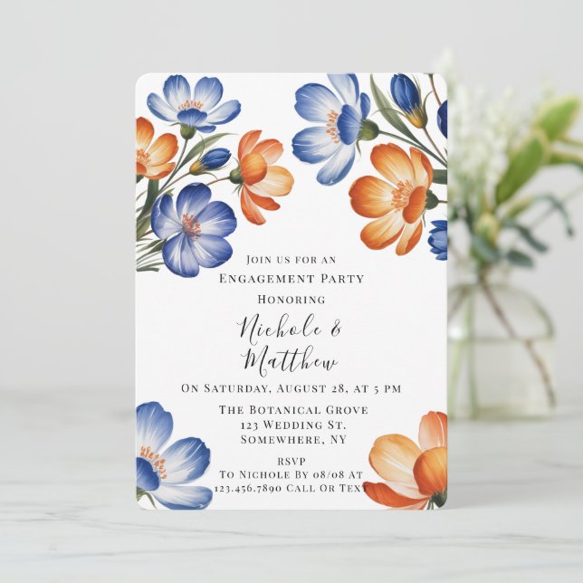 Orange and Cobalt Blue Floral Engagement Party Invitation (Standing Front)