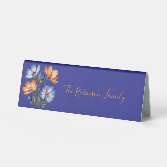 Orange and Cobalt Blue Floral Wedding Family  Table Tent (Front)