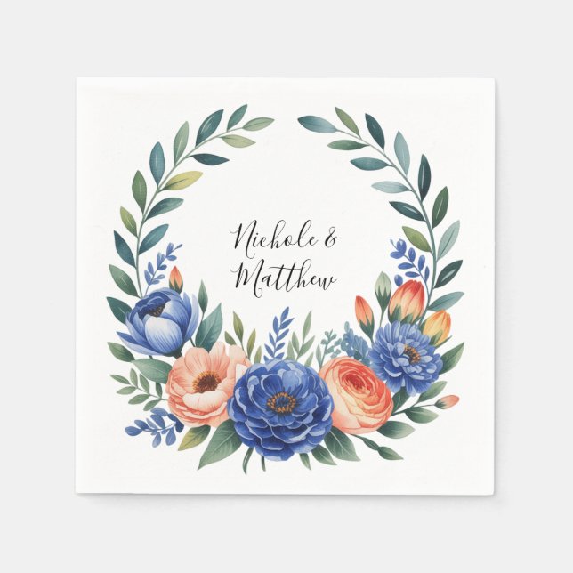 Orange and Cobalt Blue Floral Wedding Napkins (Front)