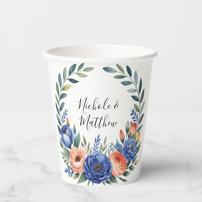 Orange and Cobalt Blue Floral Wedding Paper Cups (Front)
