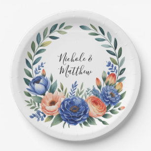 Orange and Cobalt Blue Floral Wedding Paper Plates