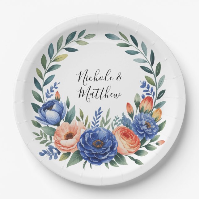 Orange and Cobalt Blue Floral Wedding Paper Plates (Front)