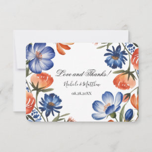 Orange and Cobalt Blue Floral Wedding Thank You Card