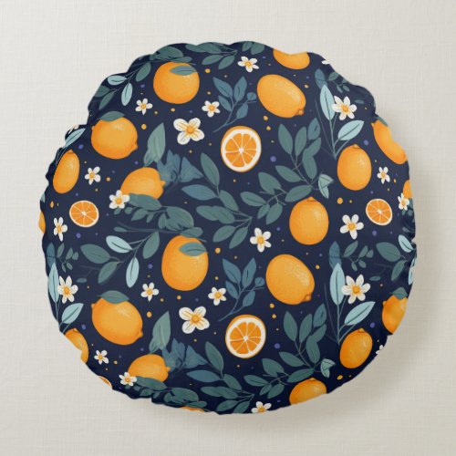 Orange and Floral Delight Pattern Round Pillow