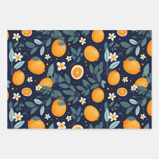 Orange and Floral Delight Pattern Wrapping Paper Sheets (Front)