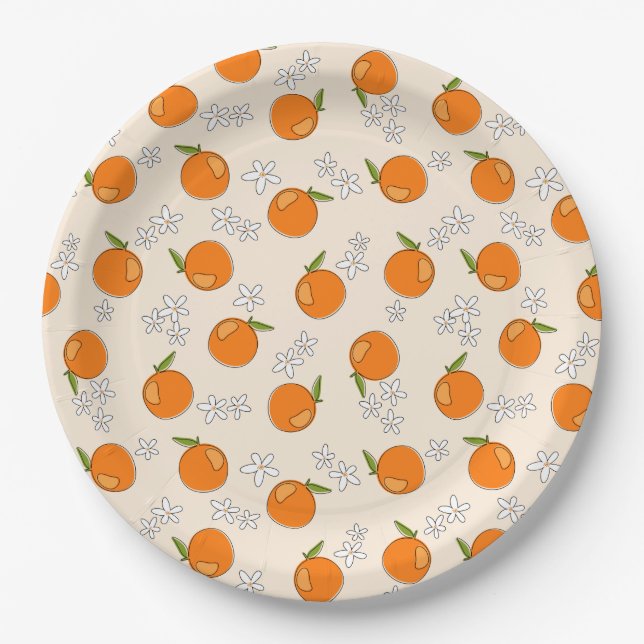 Orange and Flower Pattern Paper Plates (Front)
