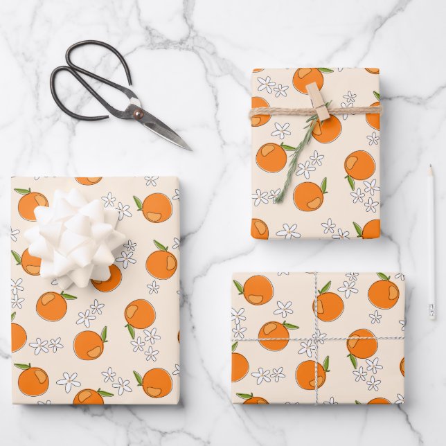 Orange and Flower Pattern Wrapping Paper Sheets (Front)