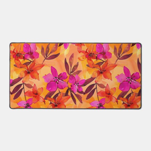 Orange and Fuchsia Watercolor Floral Pattern Desk Mat