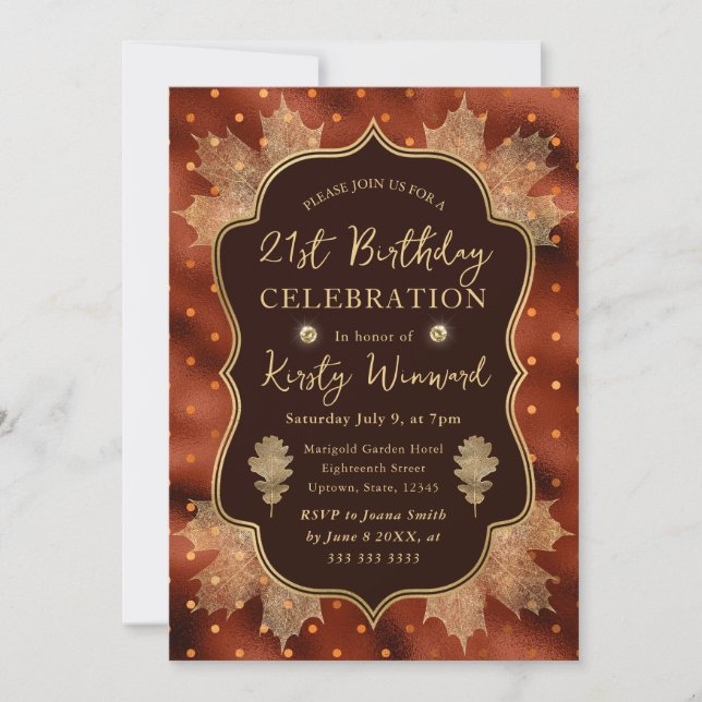 Orange and Gold Autumn Fall Leaves 21st Birthday Invitation (Front)
