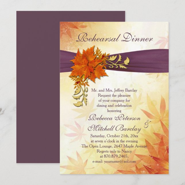 Orange and gold Autumnal leaves Rehearsal Dinner Invitation (Front/Back)