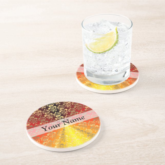 Orange and gold  damask pattern drink coaster (Side)