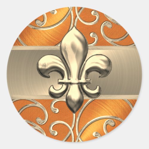 Orange and Gold Filigree Swirls Fleur de Lis Classic Round Sticker