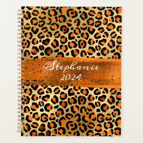 Orange and Gold Foil Leopard Brush Stroke Planner