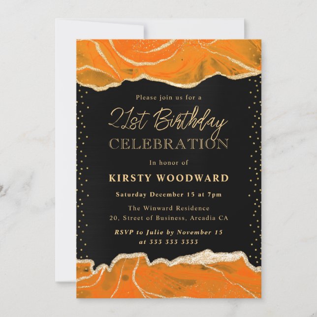Orange and Gold Glitter Agate Birthday Party Invitation (Front)