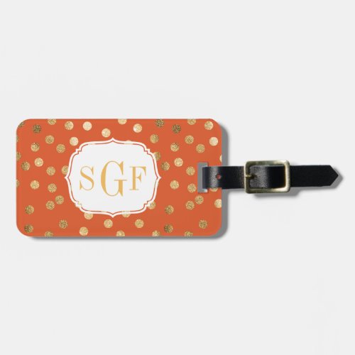 Orange and Gold Glitter City Dots Monogram Luggage Tag