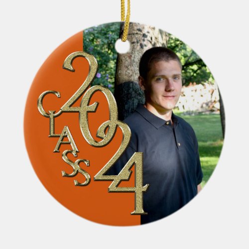 Orange and Gold Graduation Class of 2024 Photo Ceramic Ornament