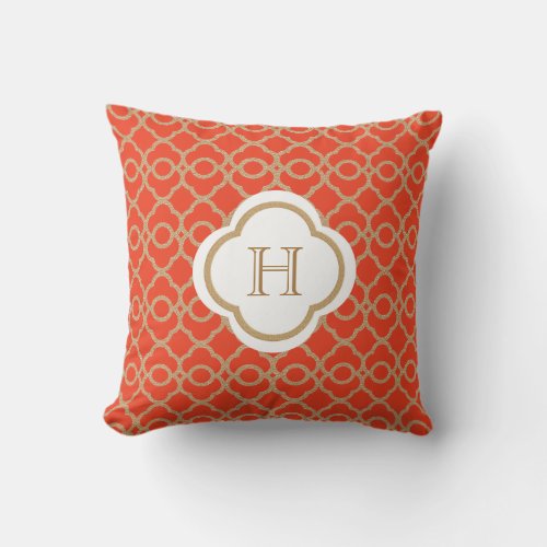 Orange and Gold Moroccan Monogram Throw Pillow