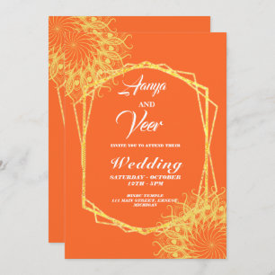 orange and Gold Peacock Indian Wedding Invitation