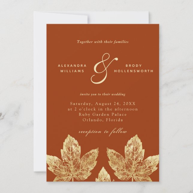 Orange and Gold Rustic Gold Foil Leaves Wedding Invitation (Front)
