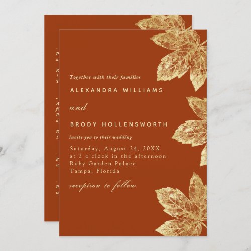 Orange And Gold Rustic Leaf All In One Wedding Invitation