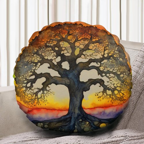 Orange and Gold Tree of Life Round Pillow