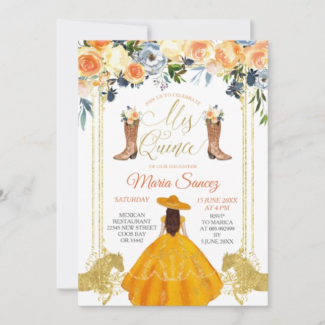 Orange and Gold Western Charra Mis Quince Invitati Invitation (Front)