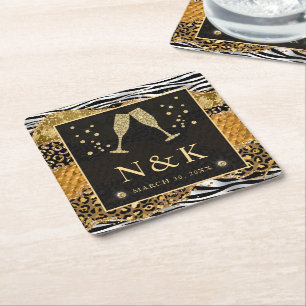 Orange and Gold Wild Jungle Glitter Agate Wedding Square Paper Coaster