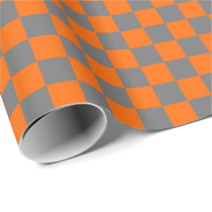 Orange and Gray Checkerboard Squares Wrapping Paper