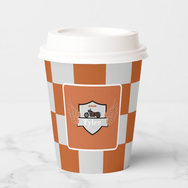 Orange and gray checkered Paper cup (Front)