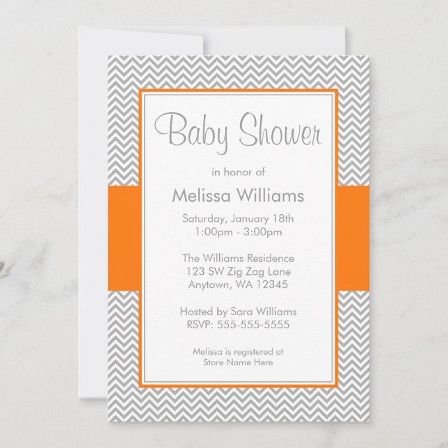 Orange and Gray Chevron Baby Shower Invitations (Front)