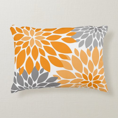 Orange and Gray Chrysanthemums Floral Pattern Accent Pillow