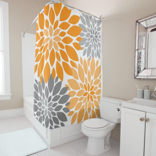 Orange and Gray Chrysanthemums Floral Pattern Shower Curtain