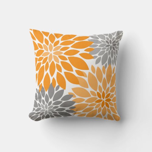 Orange and Gray Chrysanthemums Floral Pattern Throw Pillow