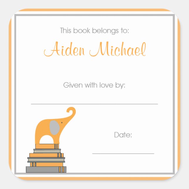 Orange and Gray Elephant Baby Shower Book Plate (Front)