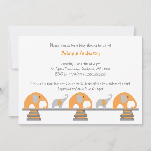 Orange and Gray elephants book baby shower invite