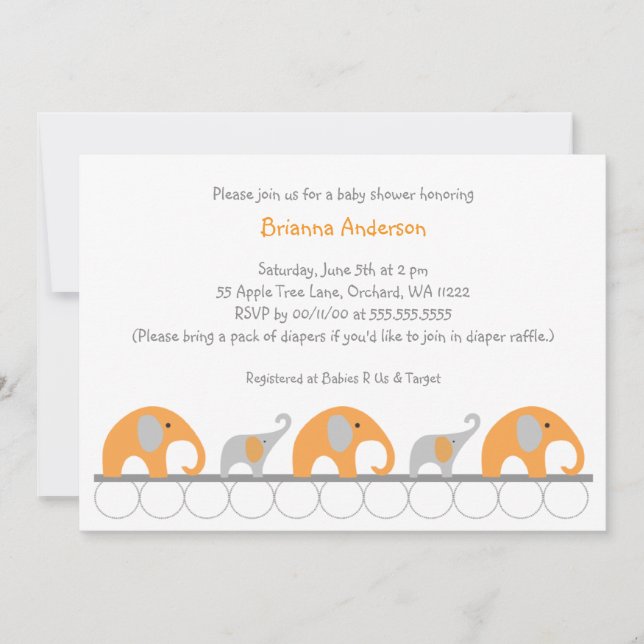 Orange and Gray elephants girl baby shower invite (Front)