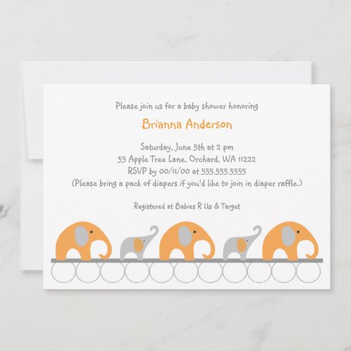 Orange and Gray elephants girl baby shower invite