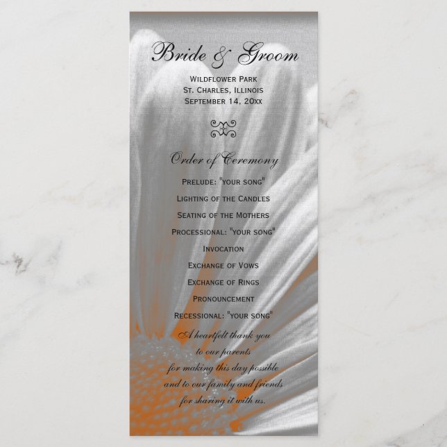 Orange and Gray Floral Highlights Wedding Program (Front)