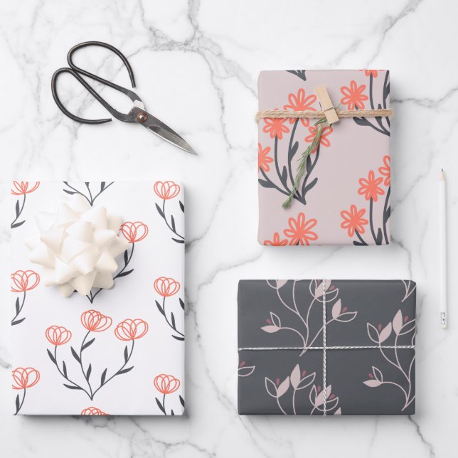 Orange and Gray Floral Wrapping Paper Sheets (Front)